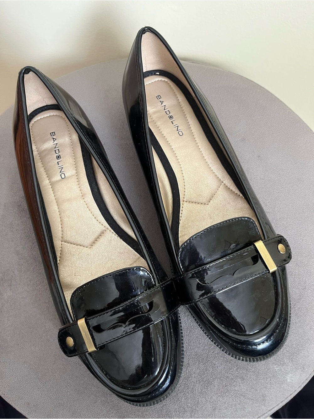 Bandolino Black Patent Loafers with Gold Accent
